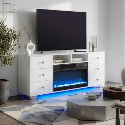 Produktbild von VANITII TV-Schrank mit kamin,TV-Lowboard mit farbwechselndem LED-Beleuchtung 6 Schubladen Weiβ 140 x 40 x 65 cm