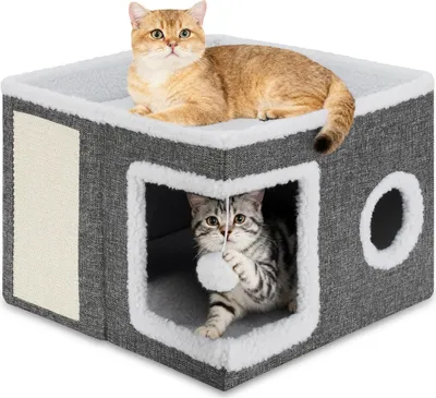 Image de Izrielar Cave à chat pliable, maison à chat à deux étages avec coussin, lit pour chat peu encombrant pour la maison