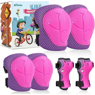 Productafbeelding van Beschermset voor kinderen, inclusief kniebeschermers, inlijners, elleboogbeschermers en rollers, in de kleuren roze en paars