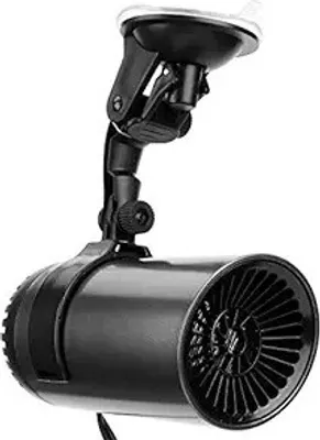A black car heater with a suction cup mount.