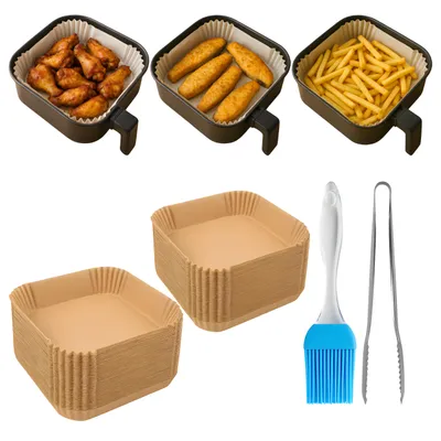 Produktbild von Airfryer Papierformen – 200 Stück Einweg Backpapier – Antihaft – Fettresistent – inkl. 4 Silikonpinsel & 4 Küchenzangen