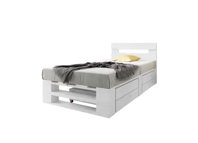 Produktbild von Lermowood Palettenbett M2 120 x 200 cm mit Kopfteil und 2 Bettkästen Weiß Holzbett Massivholzbett Bett aus Paletten Seniorenbett Kinderbett Jugendbett