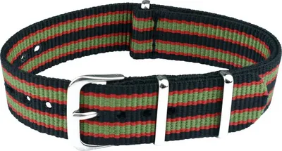 Produktbild von ClassicWatchStraps Nylon Uhrenarmband - Schwarz/Grün/Rot, 22 mm, Silber poliert