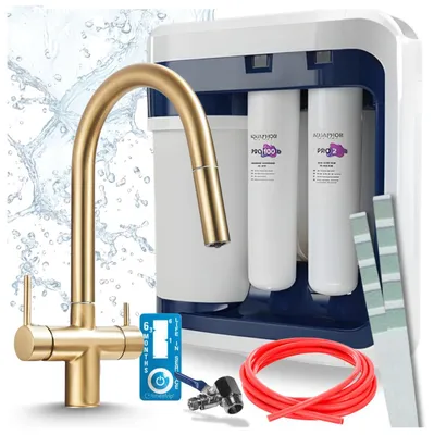 Produktbild von Ari 3-Wege-Küchenarmatur Slender, Messing, Ausziehbare Spültischarmatur Im Set Mit Aquaphor Ro-202S Pro Wasserfiltersystem