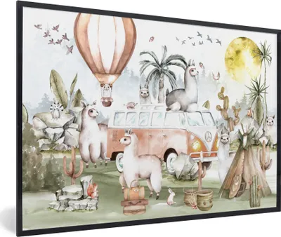 Produktbild von MuchoWow® Gerahmtes Poster Alpaka - Tiere - Kinder - Heißluftballon - Kinder 60x40 cm - Poster mit Schwarzem Bilderrahmen Wandposter Rahmen Foto Bilder - Printing - Wanddeko Schlafzimmer