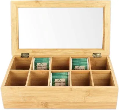 Immagine prodotto di Scatola da tè in bambù con coperchio a cerniera - 10 scomparti - 36x20x9 cm - Materiale naturale