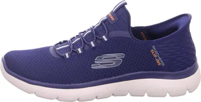 A side view of a blue Skechers slip-in shoe.