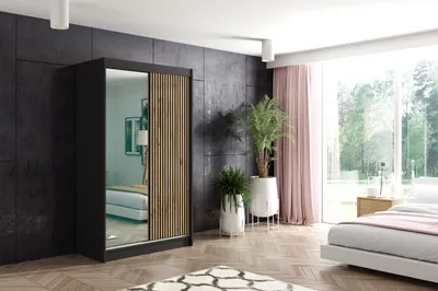 Produktbild von ALTDECOR Kleiderschrank mit Spiegel und Lamel-Schiebetüren, kugelgelagerte Führungsschienen und Aluminium-Leisten - VILO - 120 cm - Schwarz/Lamelle Eiche Wotan
