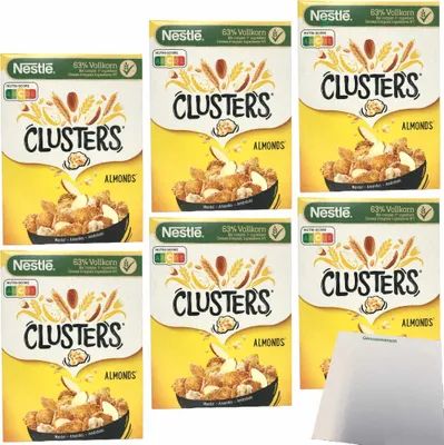 Produktbild von Nestle Clusters Mandel Cerealien 63% Vollkorn 6er Pack (6x325g Packung) + usy Block