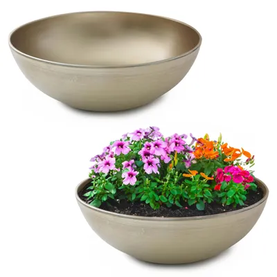 Image de Jardinière ronde ventrue de 20 cm pour l'extérieur, beige champagne