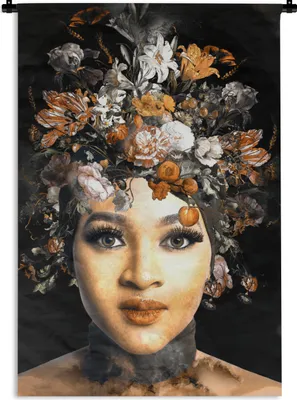 Produktbild von MuchoWow® Wandteppich Wandbehang Frau - Blumen - Make-up 60x90 cm Tapisserie Dekoration Wandtuch - Foto-Teppich - Abwaschbar