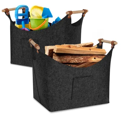 Produktbild von Eikuavons 2x Kaminholzkorb Filzkorb 45×40×32 cm, 5 mm, faltbar, mit Holzgriffen und Seitentaschen, Dunkelgrau