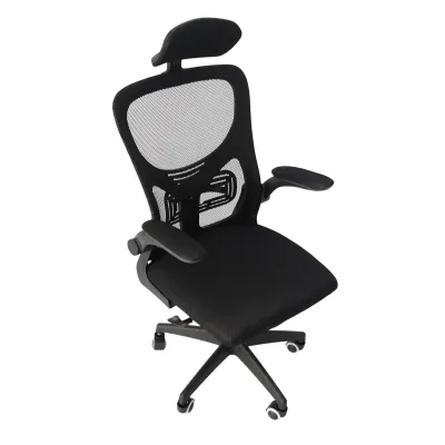 Image de Chaise de bureau à dossier en résille – ergonomique avec soutien lombaire, appui-tête 3D, accoudoirs rabattables à 90°, roulettes, chaise de gaming et de bureau, noire