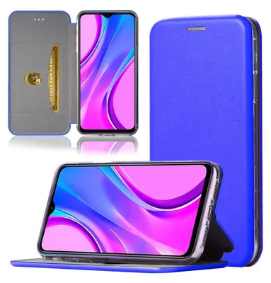 A product shot of a blue flip case for a smartphone, shown open and closed, with a close-up of the phone screen.