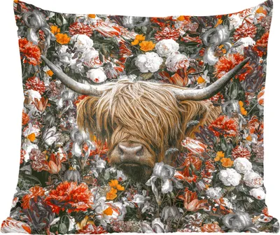 Produktbild von MuchoWow® Zierkissen Sofakissen Wohnzimmer Dekokissen 60x60 cm Schottisches Hochlandrind - Blumen - Orange - Sitzfläche - Foto Polster