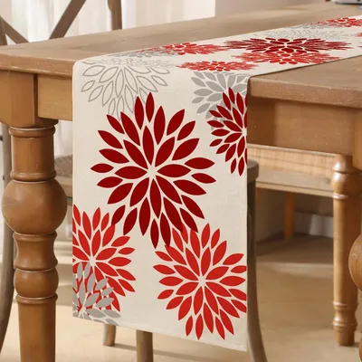 Zdjęcie produktu dla Bieżnik stołowy, motyw kwiatowy, czerwone dahlia, 40x140 cm, poliester