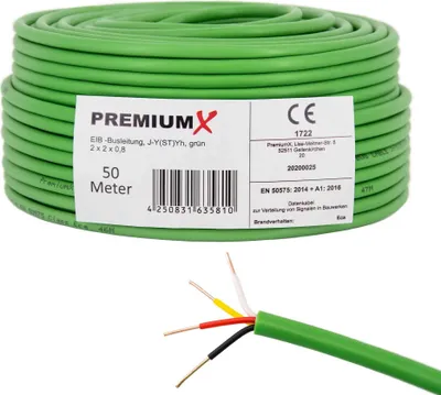 Produktbild von PremiumX 50m EIB KNX BUS-Kabel J-Y(ST)Yh 2x2x0,8 Eca Busleitung Datenkabel grün