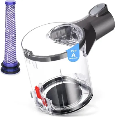 A vacuum cleaner dustbin and filter are shown against a white background.