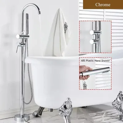 Produktbild von Freistehende Badewannenarmatur - Bodenstehende Wannen- und Duscharmatur - Wasserfallauslauf 360° schwenkbar - Zweigriffmischer aus Messing/Edelstahl - Chrom