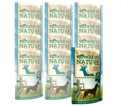 Produktbild von Dehner Best Nature Hundefutter, Nassfutter, für ausgewachsene Hunde, Wild / Nudeln / Cranberries, 12 x 150 g Beutel (1.8 kg)
