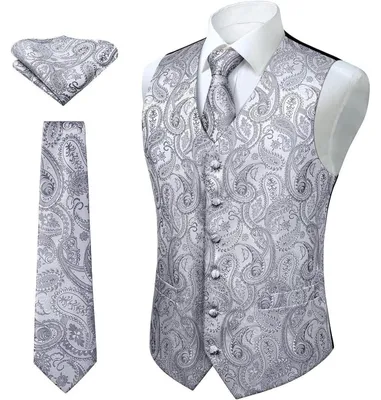 Productafbeelding van Heren pakset: vest, das, zakdoek, paisley, bloemenprint, jacquard, grijs, maat S