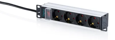 Produktbild von Digitus 10" Steckdosenleiste mit Aluminiumprofil, 4-fach Schutzkontaktsteckdose, mit Schalter, 1U, Einphasig, Rackmount, Horizontal, Rack, Aluminium, Acrylnitril-Butadien-Styrol (ABS)