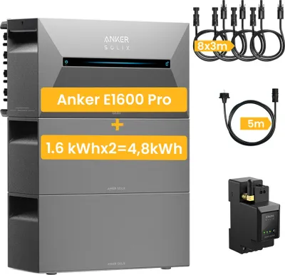 Produktbild von Balkonkraftwerk Speicher 4.8kWh, Anker Solix Solarbank 2 E1600 Pro mit Erweiterungsakku x 2 und Anker SOLIX Smarten Zähler