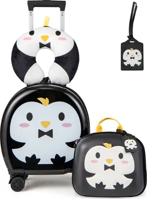 Produktbild von COSTWAY Kindergepäckset, 4-teiliges Reisegepäck mit Rollkoffer, Rucksack, Nackenkissen & Namensschild, Reisekoffer-Set auf Rädern schwarz
