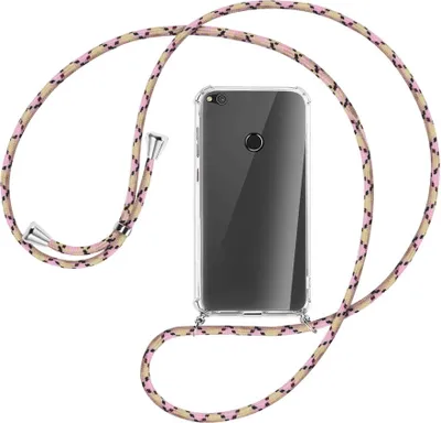 Produktbild von Handykette Backcover-Schutzhülle mit Band (Metall silberfarben) für Huawei P8 Lite / P9 Lite 2017 - rosa Karo