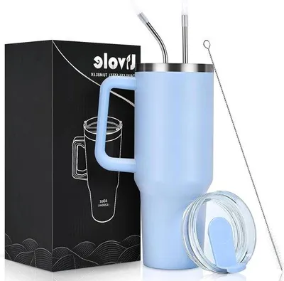 Obrázek produktu pro Lekfreie Reiskoffiemok with Handvat 1200 ml - izolovaný hrnek na cesty - nerezová láhev na vodu pro kempování - světle modrá