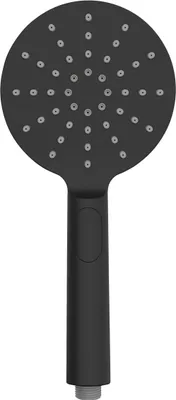 A black shower head on a white background.