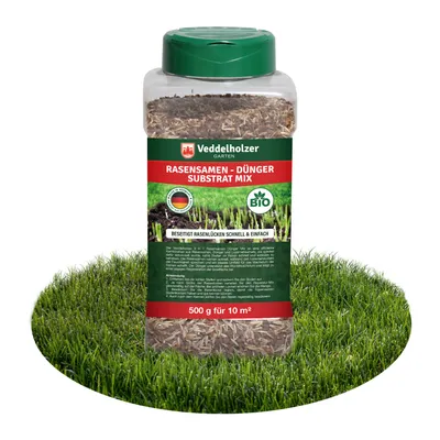 Produktbild von Veddelholzer 3 in 1 Rasensamen NPK Dünger Substrat Mix 500 g Rasen Reparatur Mix zur Nachsaat schnellkeimend für einen dichten strapazierfähigen Rasen