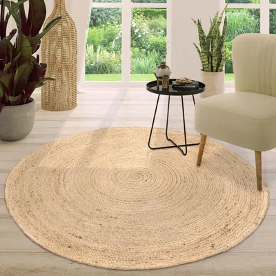 Produktbild von TT Home Wohnzimmer Teppich Jute Rund Modern Boho Ethno Handgefertigter Natur-Teppich Uni Größe 80 cm Rund