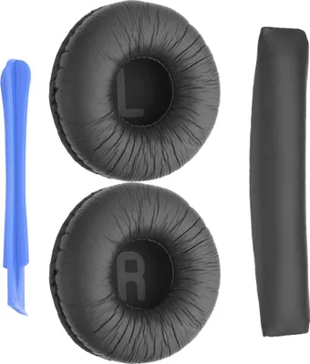 A set of black ear pads and a blue plastic tool on a white background.