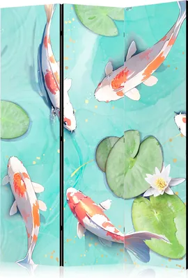 Produktbild von 3-teiliger Doppelseitiger Vlies Paravent - Spectacular Fish - White-Orange Koi Fish Swimming in Crystal Clear Water with Water Lilies 135x172 cm Tiere g-C-10141-z-a