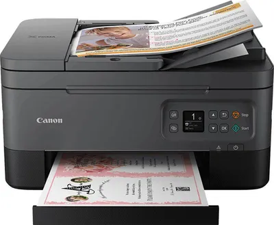 A Canon PIXMA TS7450a printer is shown printing a document.