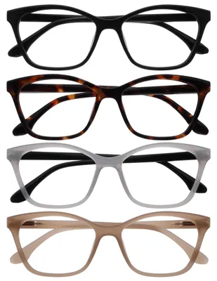 Zdjęcie produktu dla OPULIZE Okulary do czytania w kształcie kocich oczu - zestaw 4 sztuki - oprawki w kolorach: czarny, brązowy, szary, taupe - dla mężczyzn i kobiet - zawiasy z ozdobnymi elementami - model RRRR59-127U - +3.00