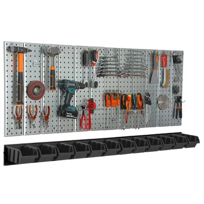 Zdjęcie produktu dla Ścianka narzędziowa 156x72 cm Metalowy system przechowywania z uchwytami na narzędzia Haczyki na narzędzia i 12 pojemników do układania 120 x 195 x 90 mm Kolor: czarny Płyta perforowana Warsztat Garaż Tablica Pegboard Elektronarzędzia Ścianka perforowana