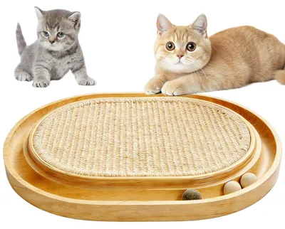 Produktbild von Sisal Kratzbrett Katze, 2-IN-1 Katzen Spielzeug mit Massivem Kiefernholz & Natürlicher Sisal Pad & Katzenminzekugeln, Cat Scratcher, Kratzmatte zum Spielen und Entspannen für Alle Katzen, 43x33x3cm