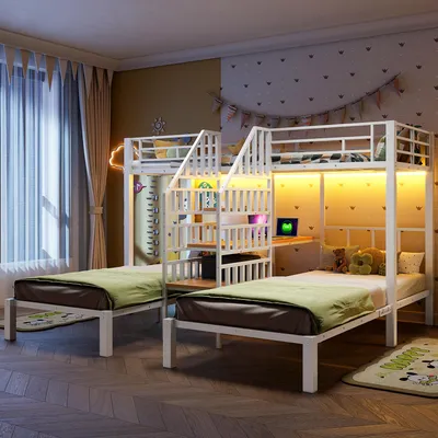 A bedroom with bunk beds and a desk.