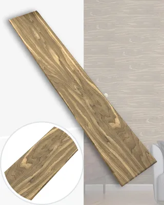 A wooden plank is shown diagonally against a background that appears to be a wall or floor with a wood grain pattern. A circular inset shows a close-up of the wood grain.