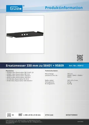 Güde Rasenmähermesser Ersatzmesser 330 mm für Rasenmäher 58401 95809 95814 5383 Ersatzteil Mäher Zubehör Messer wechseln Tauschmesser 370963 95813 4015671590503 stabilo-fachmarkt.de