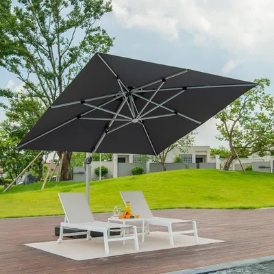 Produktbild von PURPLE LEAF Sonnenschirm mit LED Solar Beleuchtung Ampelschirm 270 x 365 cm Rechteckig Groß 360°Rota Außenbereich Alu, Balkonschirm XXL UV50+, Grau
