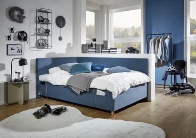 Produktbild von Meise Möbel Kinderbett Cool 120x200 cm | Polsterliege | Bettkasten & Lattenrost | Cordstoff Ocean | Holzfuß eichefarbig