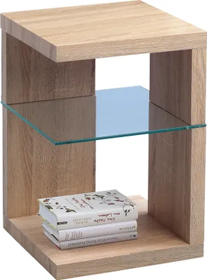 A side table with a glass shelf and two books on the bottom shelf.