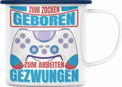 Produktbild von Trendation - Lustige Gamer Emaille Tasse Zocker Geschenk Gamer Gamergirl Geschenkidee Geburtstag Zum Zocken Geboren (Blau)