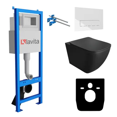 Produktbild von Lavita LAV 101 Vorwandelement für WC 40cm + Wand Hänge Tiefspül WC ONIL Schwarz Spülrandlos + Bedienplatte LAV 200.3.1 Weiß  | Komplettset | Unterputz Spülkasten | Toilette Komplett Sett