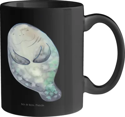 Produktbild von Mr. & Mrs. Panda Kaffeetasse Seekuh Happy - Schwarz - Geschenk, Teetasse, Achtsamkeit, Liebeskummer, Tasse, Pott, Meerestiere, Neuanfang, Zufrieden, Kaffeebecher, Becher