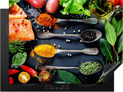 Produktbild von KitchenYeah© Herdabdeckplatte Kräuter - Löffel - Küche - Gewürze , 71x52cm, Küche Deko, Glaskeramikkochfeld Herdabdeckung, Abdeckplatte fùr Kochfeld