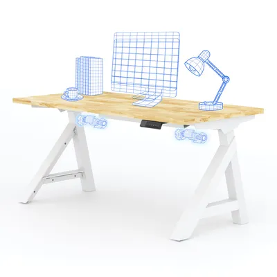 Produktbild von FLEXISPOT WoodiX Höhenverstellbarer Schreibtisch 140x80cm, EICHE MASSIVHOLZ Finger-Joint, A-förmiges Gestell, Doppelmotor, Kabelmanagement, Weiß